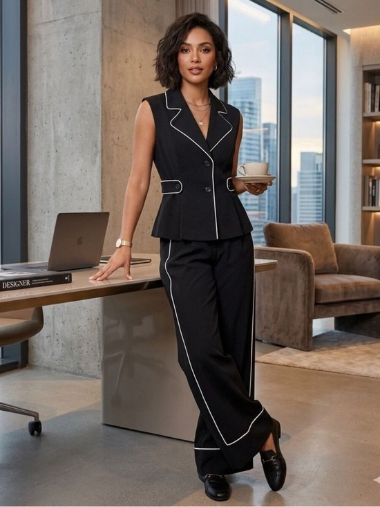 Commense Pants - Commense SET Contrast Trim Blazer Vest & Pants Set